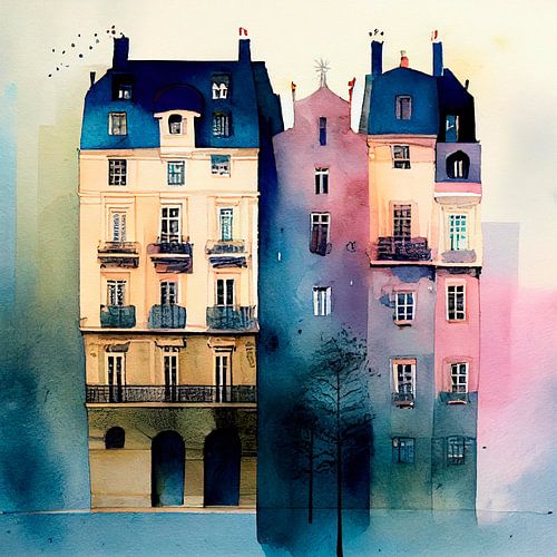 Historic buildings in Paris with Watercolour