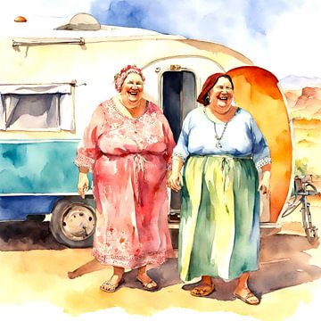 2 gemütliche Damen vor dem Wohnwagen von De gezellige Dames