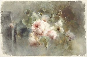 Retro-Stillleben mit einer Vase und pastellfarbenen Rosen. Rosa, beige, grün.