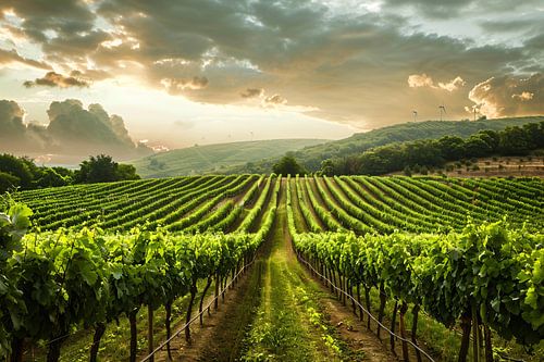 Zonsondergang in de Lush Wijngaard Heuvels