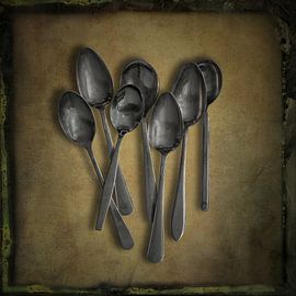 Still life of spoons on pewter background by Gerben van Buiten