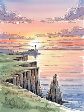 Küstenklippen und Leuchtturm bei Sonnenuntergang Illustration von Markus Gann