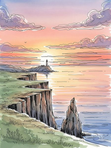 Küstenklippen und Leuchtturm bei Sonnenuntergang Illustration von Markus Gann