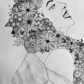 Fille à fleurs en noir et blanc sur Liv Jongman