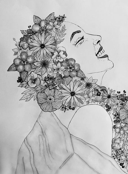 Bloemenmeisje zwart/wit van Liv Jongman