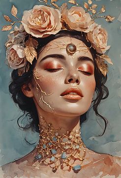Raadselachtig portret van een serene vrouw met bloemenhoofddeksel van Ljupka Kareska