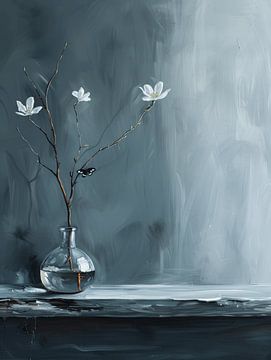 Still life with blossom and a butterfly in blue and white by Japandi Art Studio