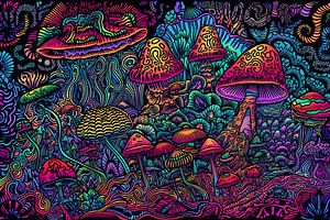 Bodemleven in bos. Paddenstoelen in neon kleuren. van Jan Bechtum