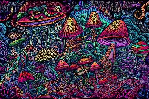 Bodemleven in bos. Paddenstoelen in neon kleuren.