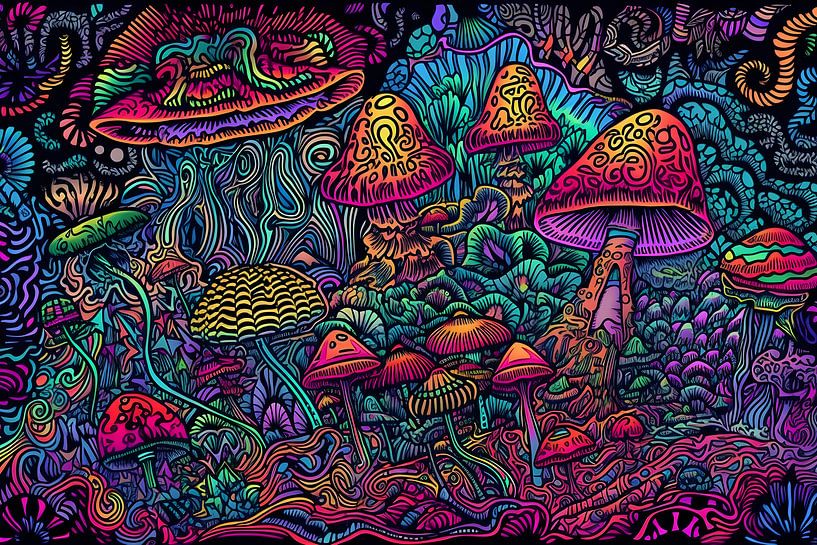 Vie du sol dans la forêt. Champignons aux couleurs néon. par Jan Bechtum