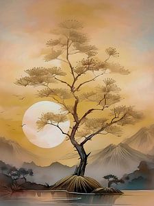Stimmungsvolle und heitere japanische Berglandschaft mit untergehender Sonne