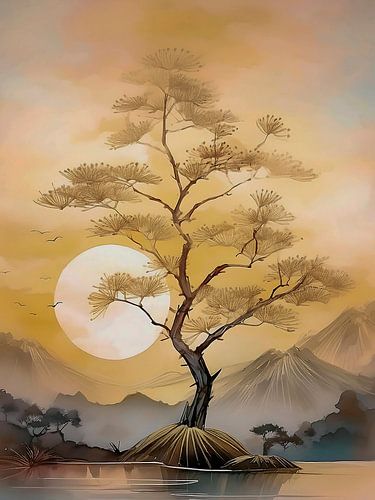 Japandi Art. Sereen Japans berglandschap met ondergaande zon