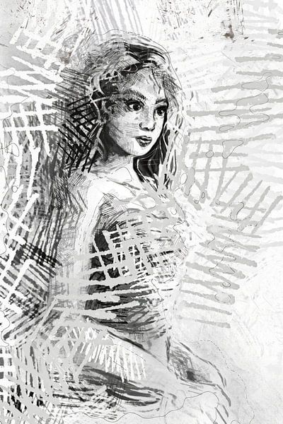 Mixed media zwart wit tekening van jonge vrouw van Emiel de Lange
