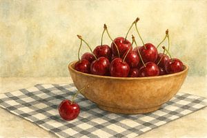 Cerises mûres dans un bol posé sur une nappe à carreaux (AI) (frais, fraîcheur, fruits, cuisine, santé, alimentation, peinture)