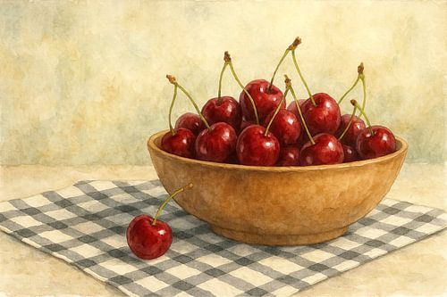 Rijpe kersen in schaal op geruite doek (AI) (vers, fris, fruit, keuken, gezond, voedsel, schilderij)