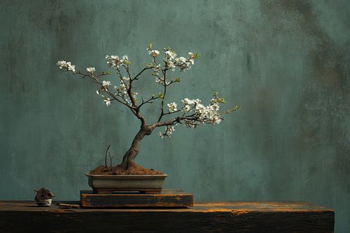 Bonsai met witte bloesem op houten sokkel