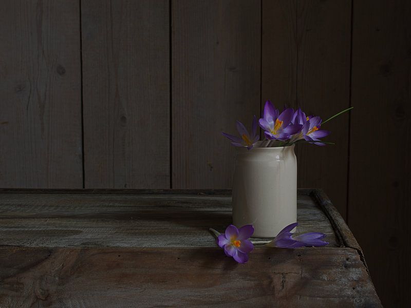 Nature morte sombre d'un vase avec des crocus par Evelien Brouwer