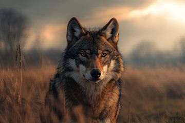 Wolf gedetailleerd portret in gouden uur van Digitale Schilderijen