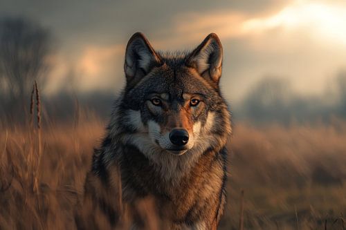 Wolf detailed portrait in golden hour
