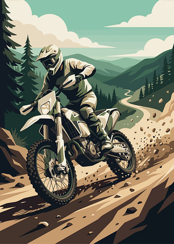 Motocross rider descends rocky trail through pine forest mountains