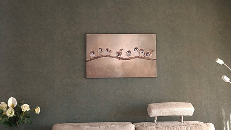 Birds On Branch Artwork With Eight Sparrows