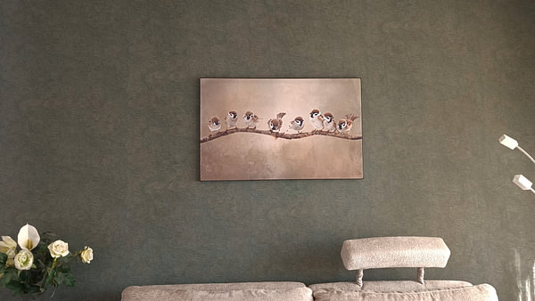Birds On Branch Artwork With Eight Sparrows