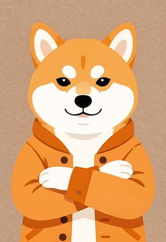 Zelfverzekerde Shiba Inu in oranje jasje als wanddecoratie – Schattige minimalistische hond
