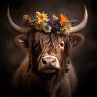 Hochlandrind mit traditionellem Kopfschmuck