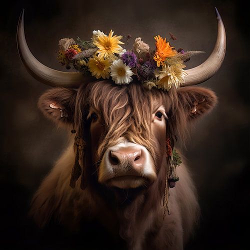 Bœuf des Highlands avec coiffure traditionnelle sur YArt