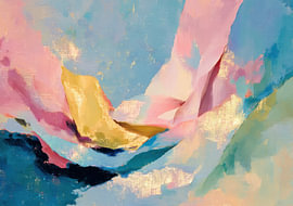 Abstraktes Kunstwerk in Pastellrosa, Blau und Goldglanz