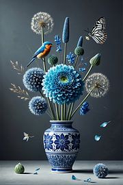 Delft blue vase with flowers and blue bird by Kleurenrijk