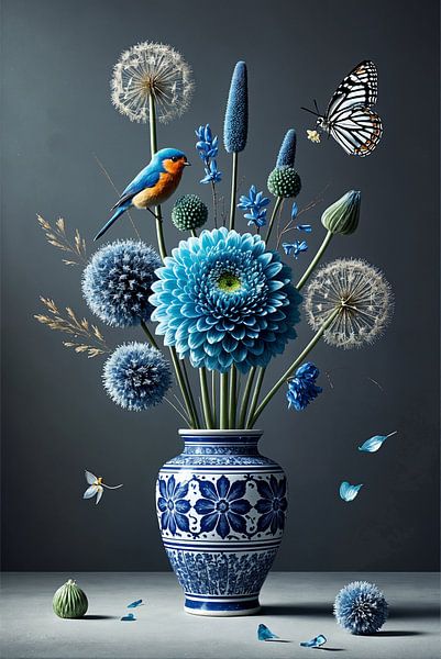 Delft blue vase with flowers and blue bird by Kleurenrijk