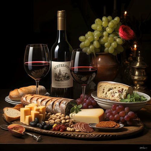stilleven van wijn, kaas en brood