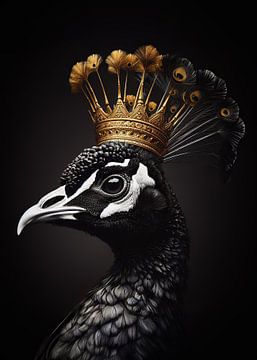 majestueuze pauw in zwart - wit met gouden kroon en gouden veren van John van den Heuvel