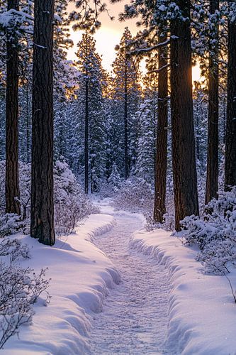 Besneeuwd bos bij zonsondergang