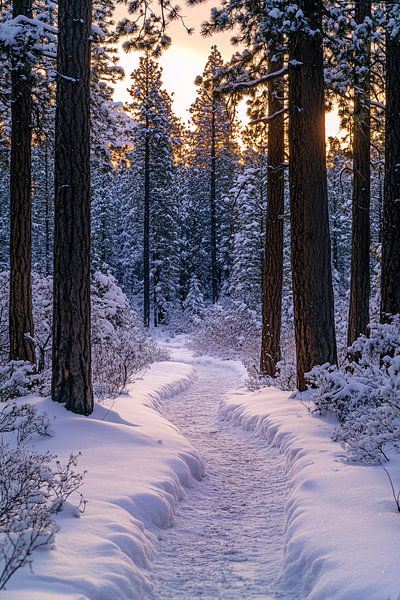 Snow-covered forest at sunset by Art & Soul Creations