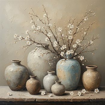 Een wabi sabi stijl romantisch aardewerk kruiken met witte bloesem takken.