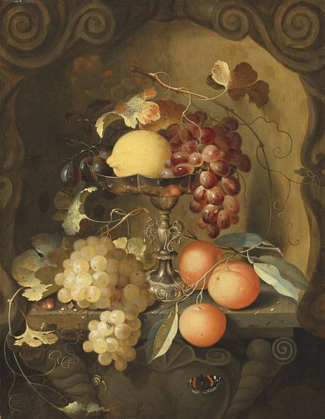 Grapes and a lemon on a tazza, with oranges on a ledge in a sculpted stone niche, Laurens Craen by Masterful Masters