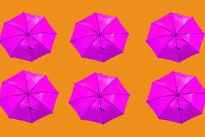Rosa Regenschirm's auf orangem Hintergrund