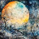 Full moon over a forest village - watercolour painting by A.D. Digital ART thumbnail