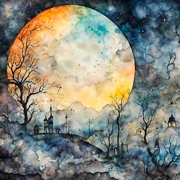 Volle maan boven een bosdorp - aquarel schilderij van A.D. Digital ART