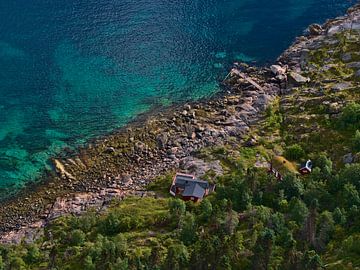 Kleines rotes Haus an der Küste von Lofoten, Norwegen aus der Vogelperspektive von Timon Schneider
