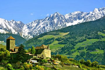 Schloss Tirol vor der Texelgruppe im Frühling von Gisela Scheffbuch