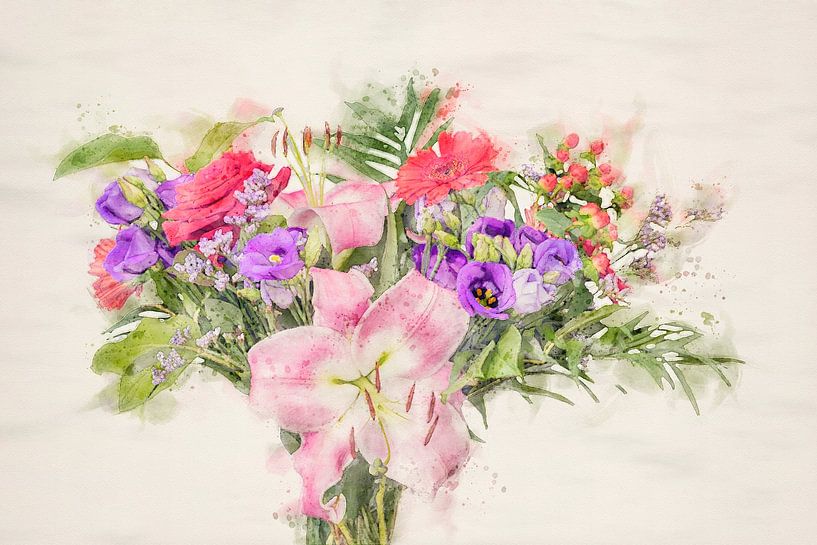 Bouquet de fleurs coloré, style aquarelle par Naomi van Mierlo
