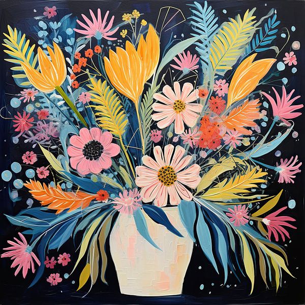 Farbenfrohe Harmonie | Buntes Blumenstillleben von Abstraktes Gemälde