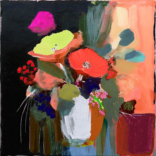 Modernes abstraktes Stilleben. Bunte Blumen in Vase