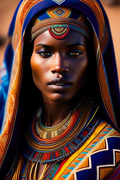Afrikanische Dame. Ethnisches Porträt. Digitales Gemälde einer afrikanischen Stammesdame mit Erdtöne von Dreamy Faces