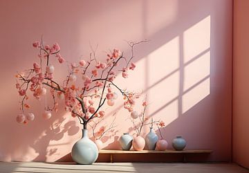 Blumenvase mit blühenden Zweigen und pastellfarbenen Vasen vor einem offenen Fenster