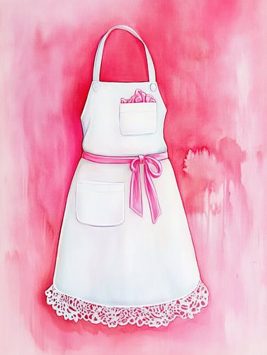 Watercolour of white kitchen apron against pink