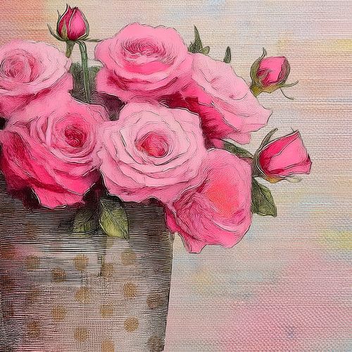 Romantisches Stilleben: Rosa Rosen in gepunkteter Vase von Studio Pieternel
